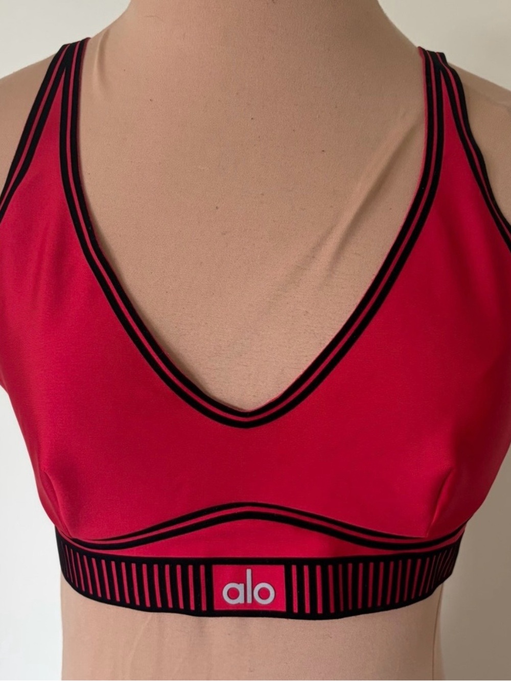 ALO Yoga Red V-Neck Sports Bra with Black Trim